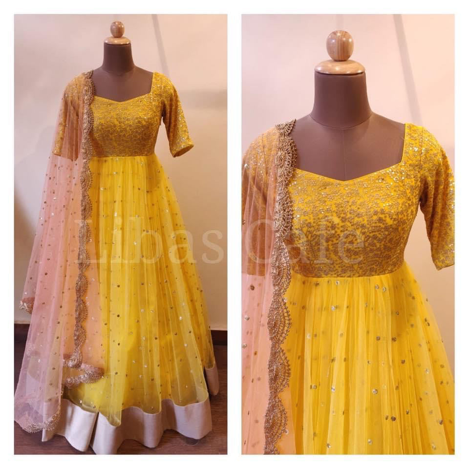 Yellow Net Anarkali Suit